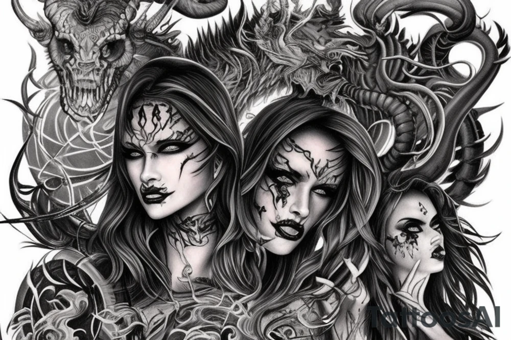 Demonic Runic Elaborate Intricate Comprehensive Demon woman gorgeous beautiful fierce Feral tattoo idea