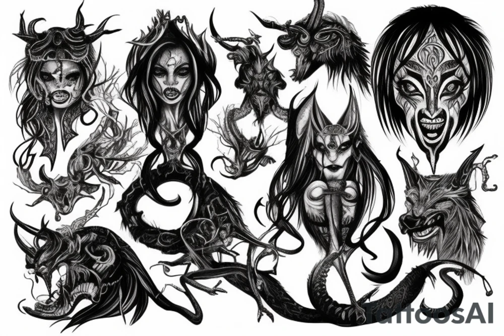 Demonic Runic Elaborate Intricate Comprehensive Demon woman gorgeous beautiful Feral Chaos tattoo idea