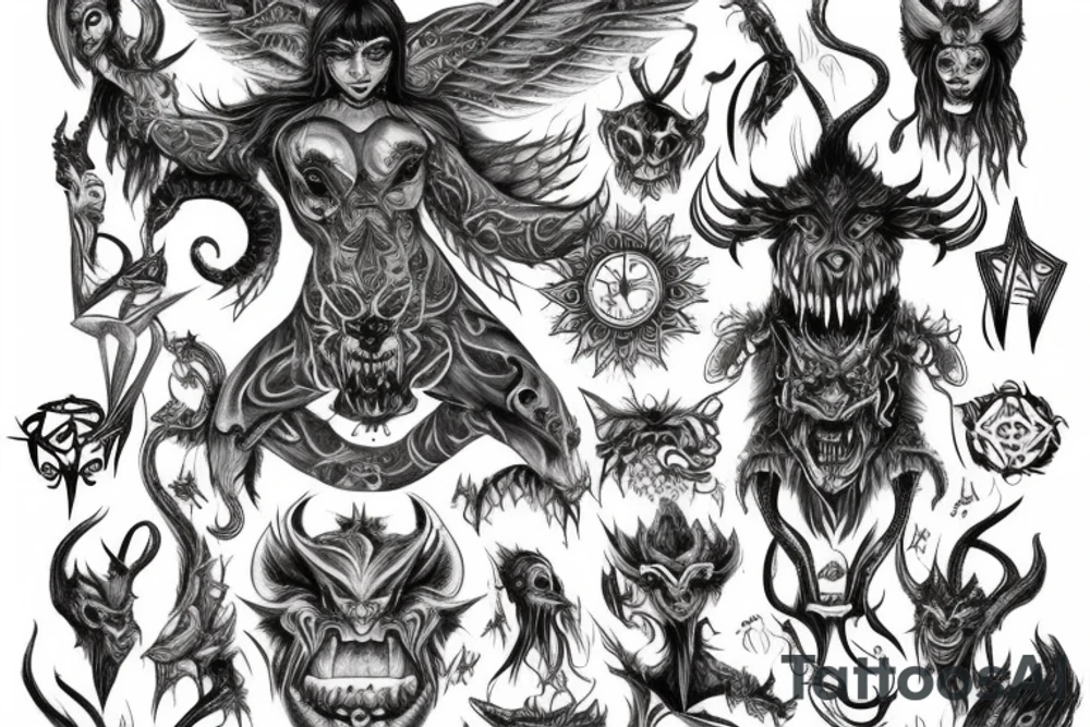 Demonic Runic Elaborate Intricate Comprehensive Demon woman gorgeous beautiful Feral Chaos tattoo idea