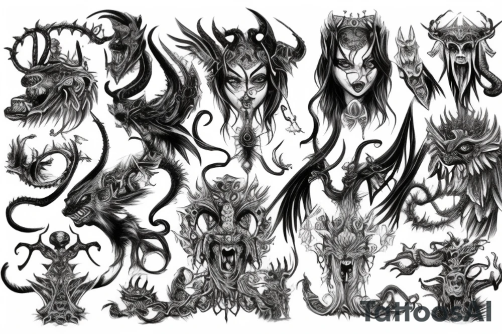 Demonic Runic Elaborate Intricate Comprehensive Demon woman gorgeous beautiful Feral Chaos tattoo idea