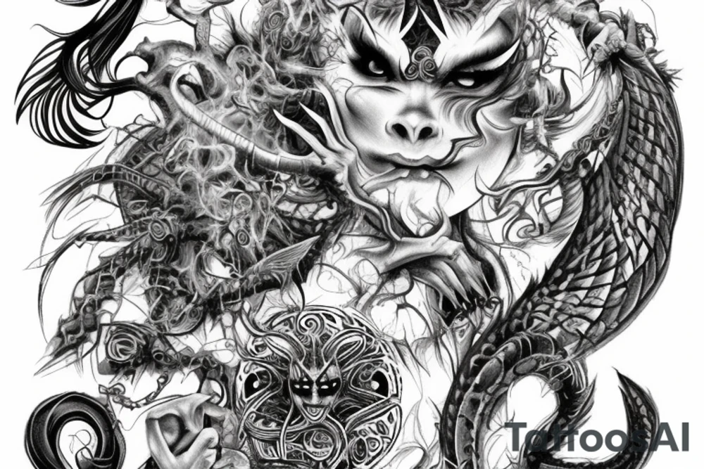Demonic Runic Elaborate Intricate Comprehensive Demon woman gorgeous beautiful Feral Chaos tattoo idea