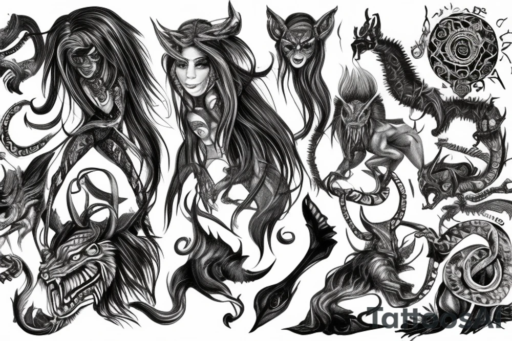 Demonic Runic Elaborate Intricate Comprehensive Demon woman gorgeous beautiful Feral Chaos tattoo idea
