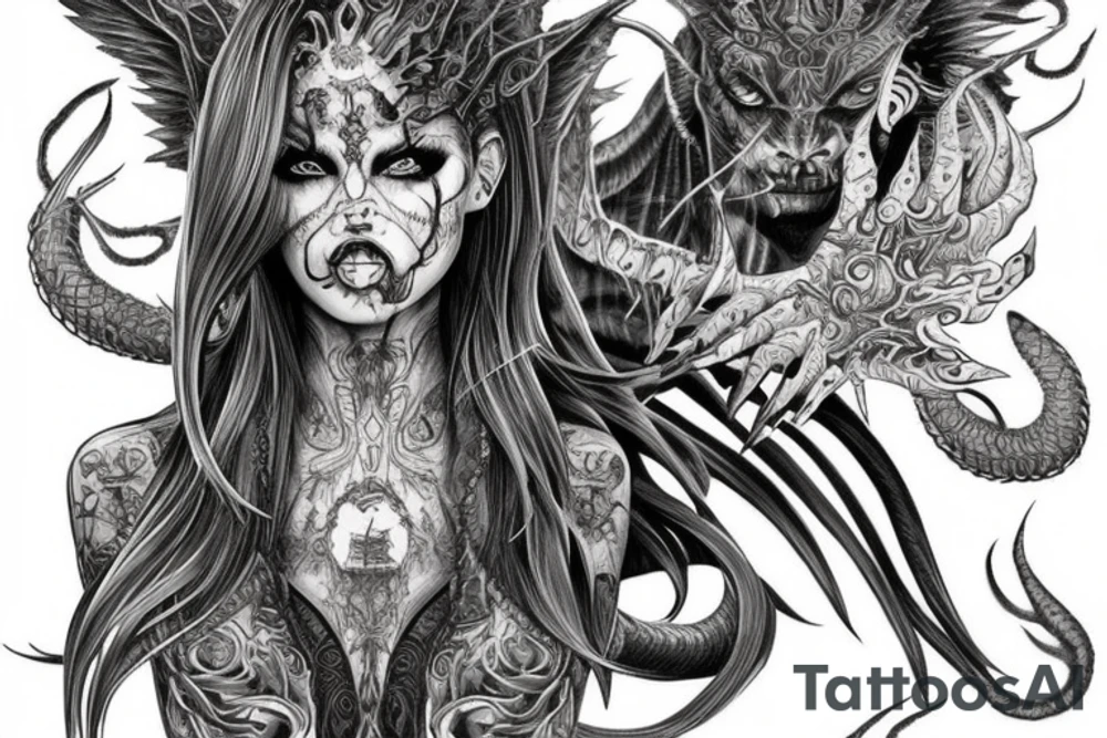 Demonic Runic Elaborate Intricate Comprehensive Demon woman gorgeous beautiful fierce Feral tattoo idea