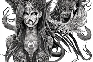 Demonic Runic Elaborate Intricate Comprehensive Demon woman gorgeous beautiful fierce Feral tattoo idea