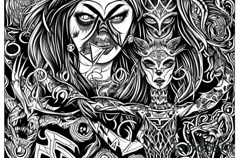 Demonic Runic Elaborate Intricate Comprehensive Demon woman gorgeous beautiful Feral Chaos tattoo idea