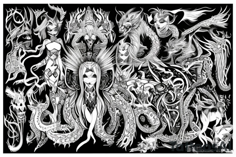 Demonic Runic Elaborate Intricate Comprehensive Demon woman gorgeous beautiful Feral Chaos tattoo idea