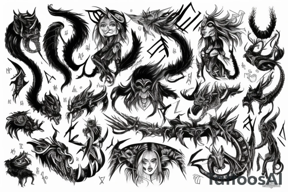 Demonic Runic Elaborate Intricate Comprehensive Demon woman gorgeous beautiful Feral Chaos tattoo idea