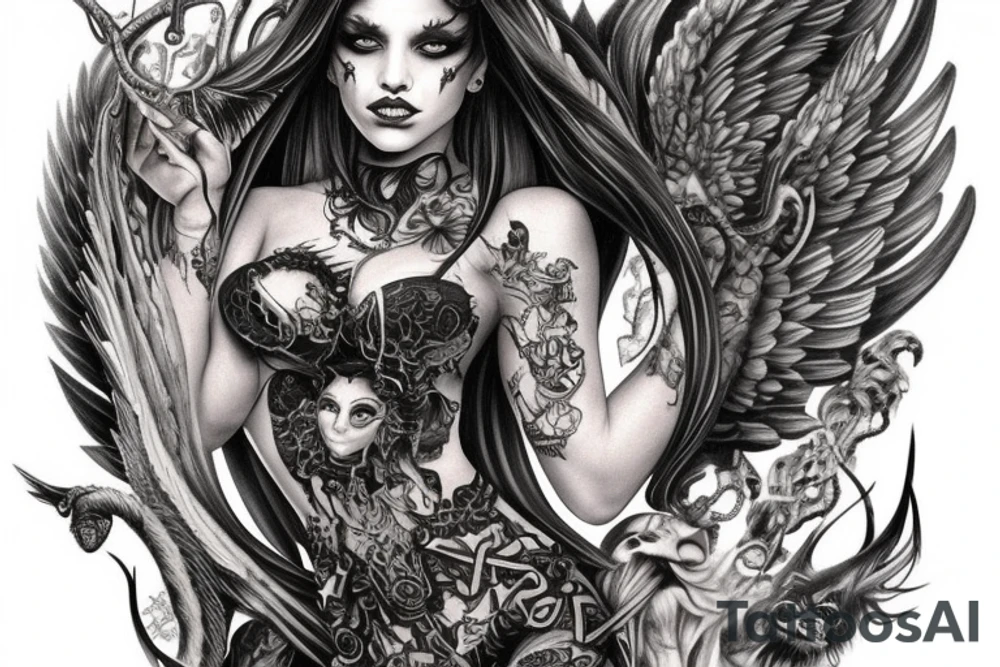 Smokey Pagan Runic Elaborate Intricate Comprehensive Demon woman gorgeous beautiful fierce Feral tattoo idea