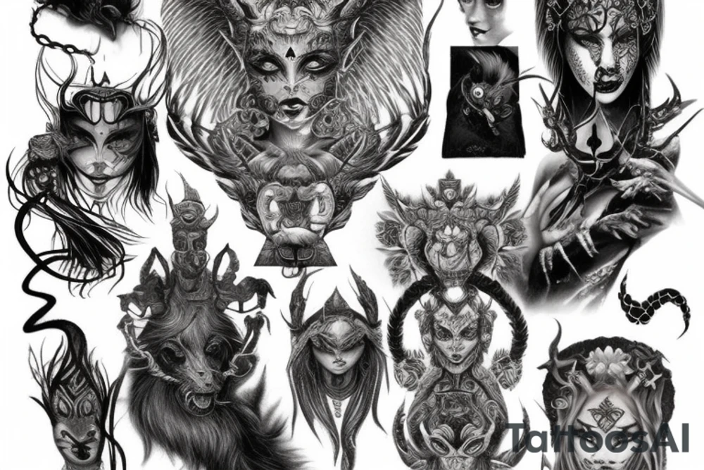 Smokey Pagan Runic Elaborate Intricate Comprehensive Demon woman gorgeous beautiful fierce Feral tattoo idea