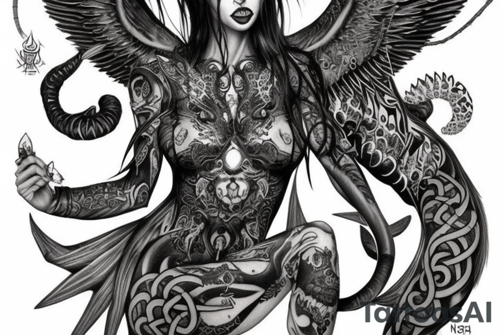 Smokey Pagan Runic Elaborate Intricate Comprehensive Demon woman gorgeous beautiful fierce Feral tattoo idea