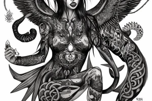 Smokey Pagan Runic Elaborate Intricate Comprehensive Demon woman gorgeous beautiful fierce Feral tattoo idea