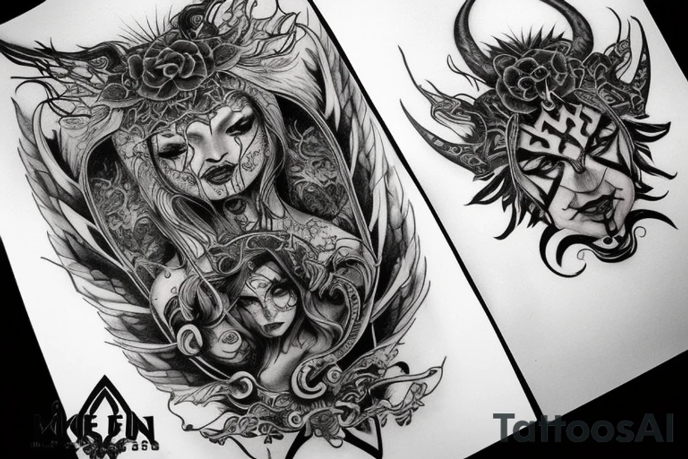 Smokey Pagan Runic Elaborate Intricate Comprehensive Demon woman gorgeous beautiful fierce Feral tattoo idea