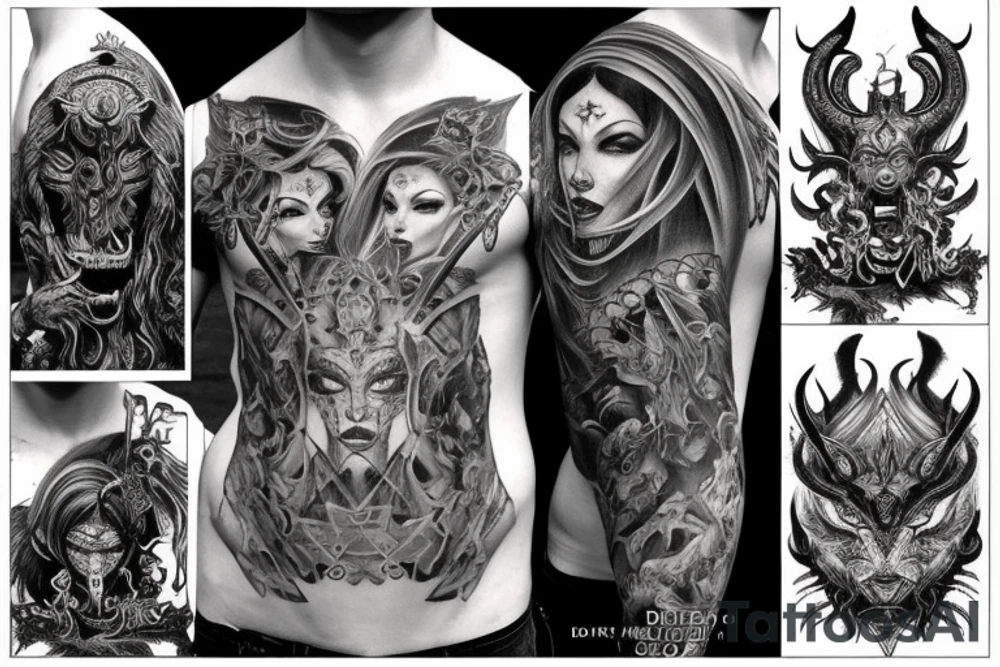 Smokey Pagan Runic Elaborate Intricate Comprehensive Demon woman gorgeous beautiful fierce Feral tattoo idea