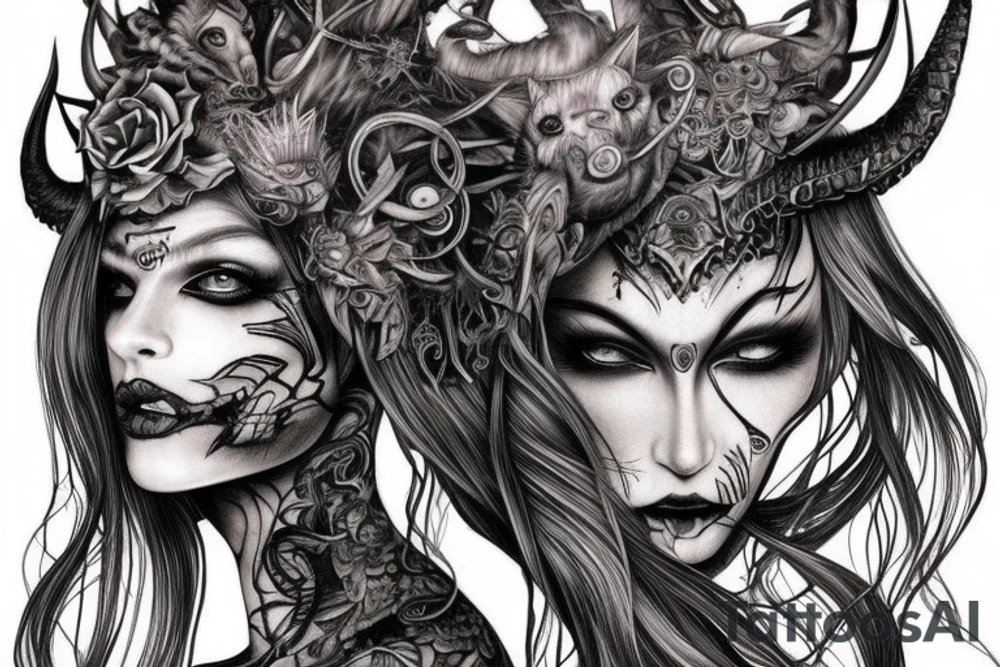 Smokey Pagan Runic Elaborate Intricate Comprehensive Demon woman gorgeous beautiful fierce Feral tattoo idea