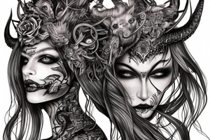 Smokey Pagan Runic Elaborate Intricate Comprehensive Demon woman gorgeous beautiful fierce Feral tattoo idea