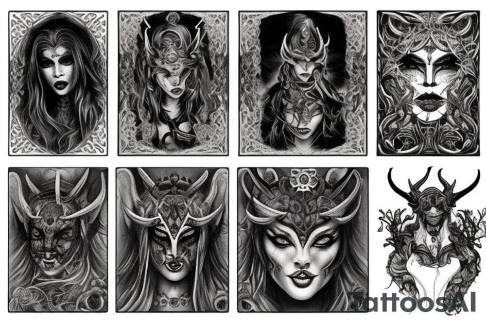 Smokey Pagan Runic Elaborate Intricate Comprehensive Demon woman gorgeous beautiful fierce Feral tattoo idea