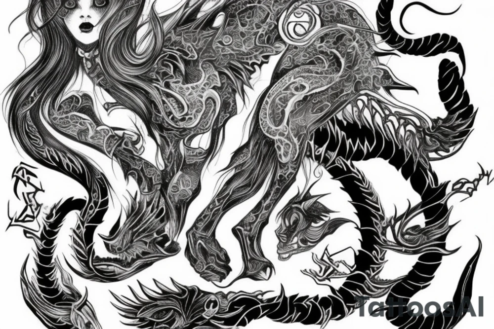 Oriental
Runic Elaborate Intricate Comprehensive Demon woman gorgeous beautiful Feral Chaos tattoo idea