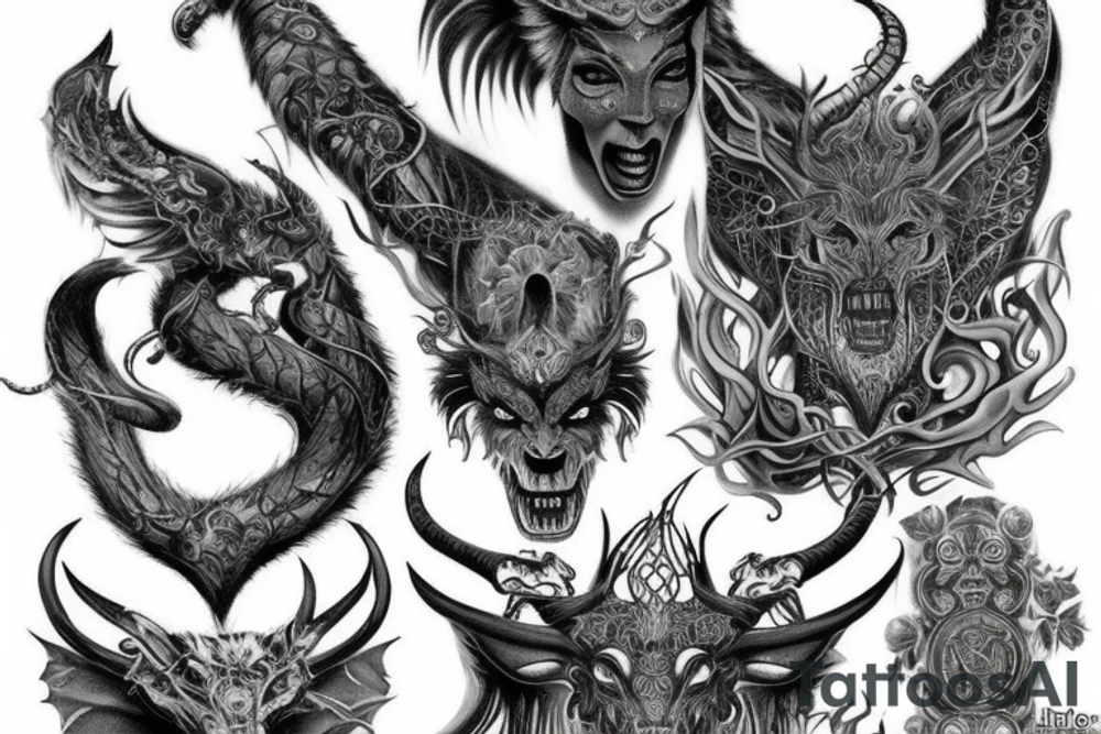 Smokey Pagan Runic Elaborate Intricate Comprehensive Demon woman gorgeous beautiful fierce Feral tattoo idea