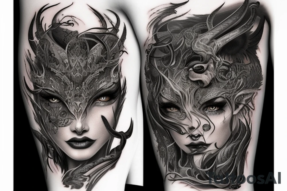 Smokey Pagan Runic Elaborate Intricate Comprehensive Demon woman gorgeous beautiful fierce Feral tattoo idea