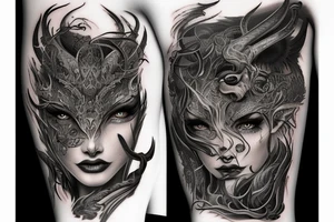Smokey Pagan Runic Elaborate Intricate Comprehensive Demon woman gorgeous beautiful fierce Feral tattoo idea