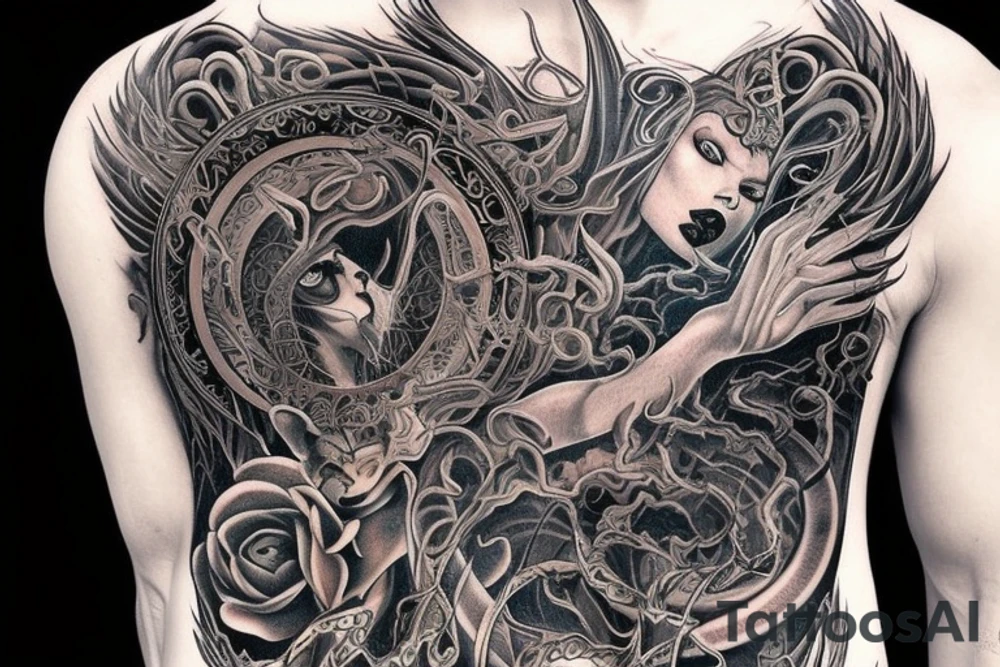 Smokey Pagan Runic Elaborate Intricate Comprehensive Demon woman gorgeous beautiful fierce Feral tattoo idea