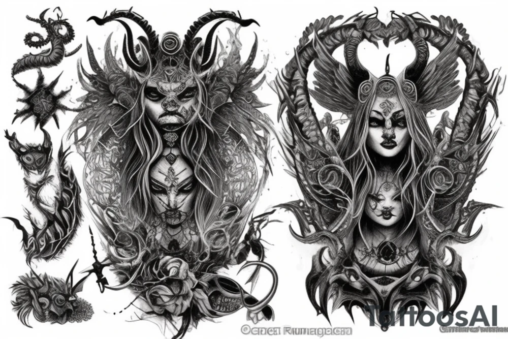 Smokey Pagan Runic Elaborate Intricate Comprehensive Demon woman gorgeous beautiful fierce Feral tattoo idea