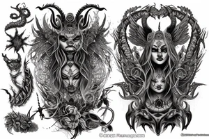 Smokey Pagan Runic Elaborate Intricate Comprehensive Demon woman gorgeous beautiful fierce Feral tattoo idea