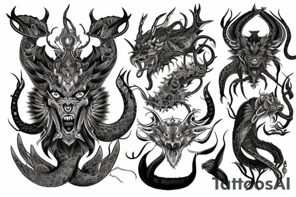 Oriental
Runic Elaborate Intricate Comprehensive Demon woman gorgeous beautiful Feral Chaos tattoo idea