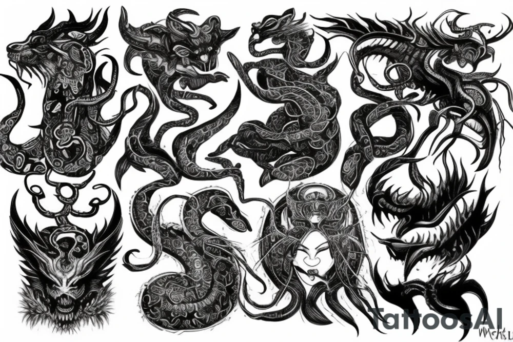 Oriental
Runic Elaborate Intricate Comprehensive Demon woman gorgeous beautiful Feral Chaos tattoo idea