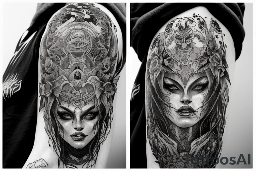 Smokey Pagan Runic Elaborate Intricate Comprehensive Demon woman gorgeous beautiful fierce Feral tattoo idea