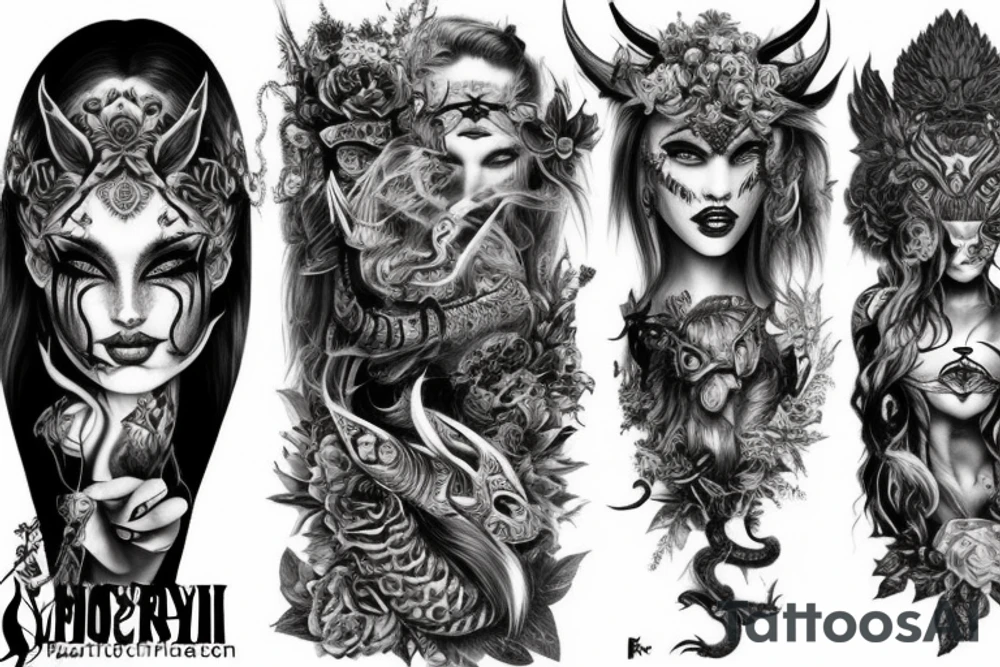 Smokey Pagan Runic Elaborate Intricate Comprehensive Demon woman gorgeous beautiful fierce Feral tattoo idea