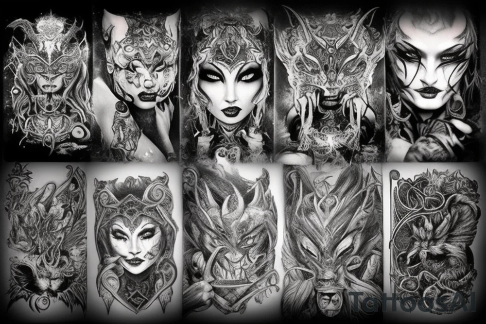 Smokey Pagan Runic Elaborate Intricate Comprehensive Demon woman gorgeous beautiful fierce Feral tattoo idea