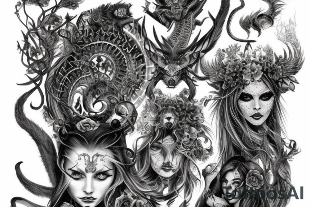 Smokey Pagan Runic Elaborate Intricate Comprehensive Demon woman gorgeous beautiful fierce Feral tattoo idea