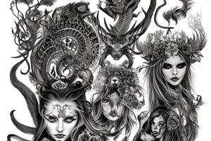 Smokey Pagan Runic Elaborate Intricate Comprehensive Demon woman gorgeous beautiful fierce Feral tattoo idea