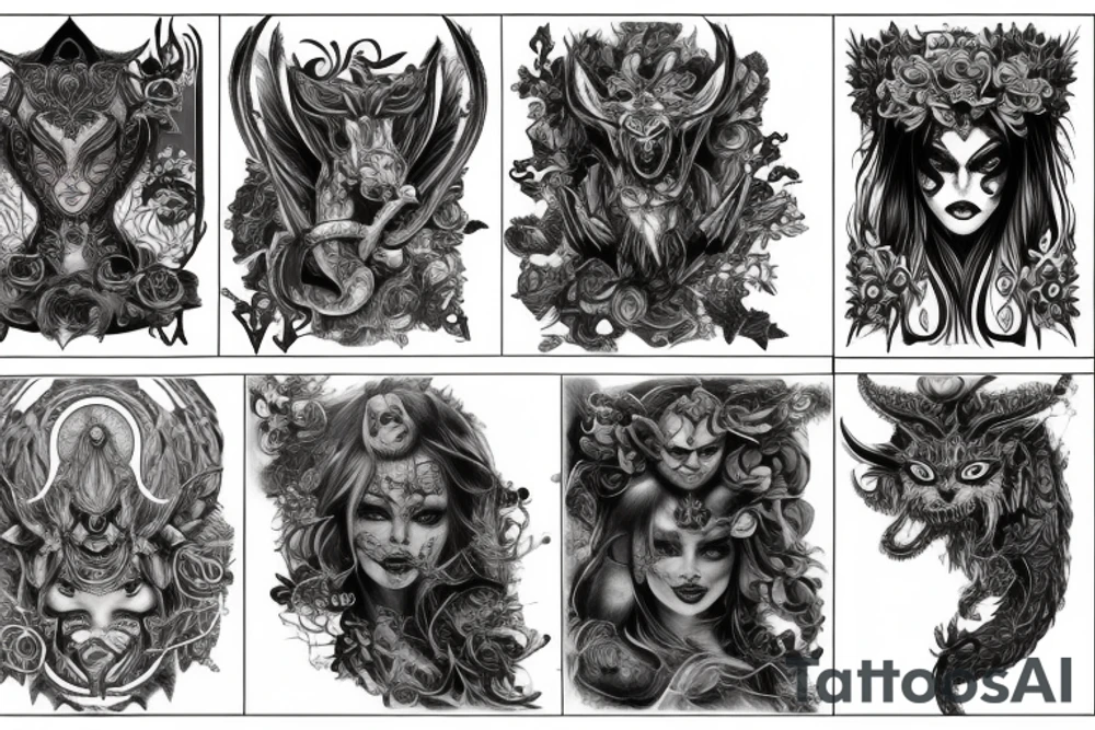 Smokey Pagan Runic Elaborate Intricate Comprehensive Demon woman gorgeous beautiful fierce Feral tattoo idea