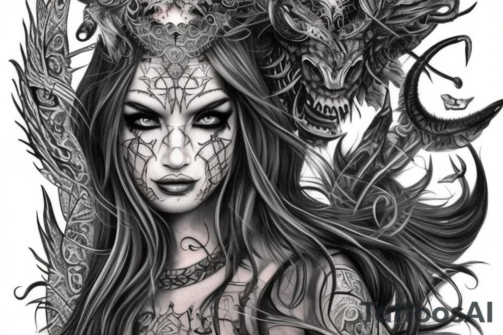 Smokey Pagan Runic Elaborate Intricate Comprehensive Demon woman gorgeous beautiful fierce Feral tattoo idea