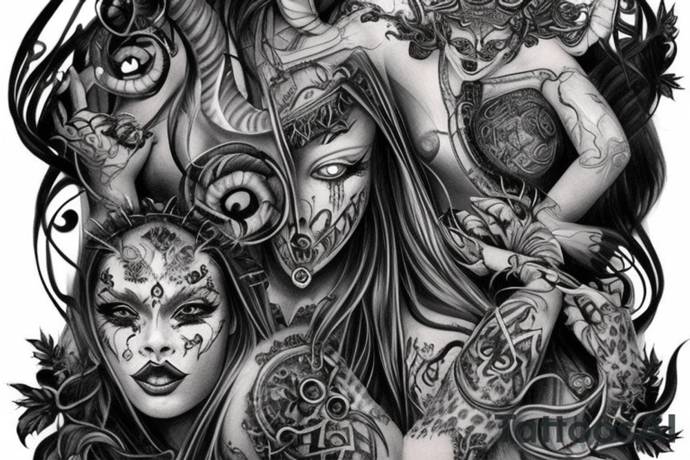 Smokey Pagan Runic Elaborate Intricate Comprehensive Demon woman gorgeous beautiful fierce Feral tattoo idea
