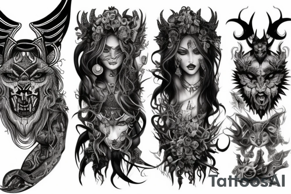 Smokey Pagan Runic Elaborate Intricate Comprehensive Demon woman gorgeous beautiful fierce Feral tattoo idea