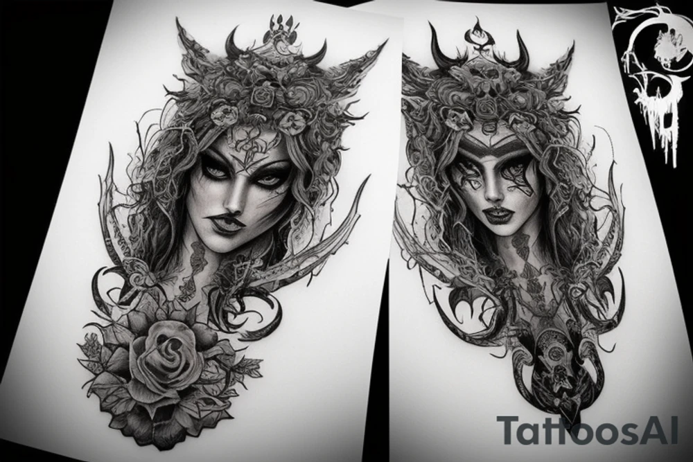 Smokey Pagan Runic Elaborate Intricate Comprehensive Demon woman gorgeous beautiful fierce Feral tattoo idea
