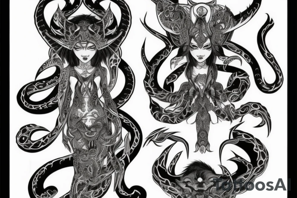 Oriental
Runic Elaborate Intricate Comprehensive Demon woman gorgeous beautiful Feral Chaos tattoo idea