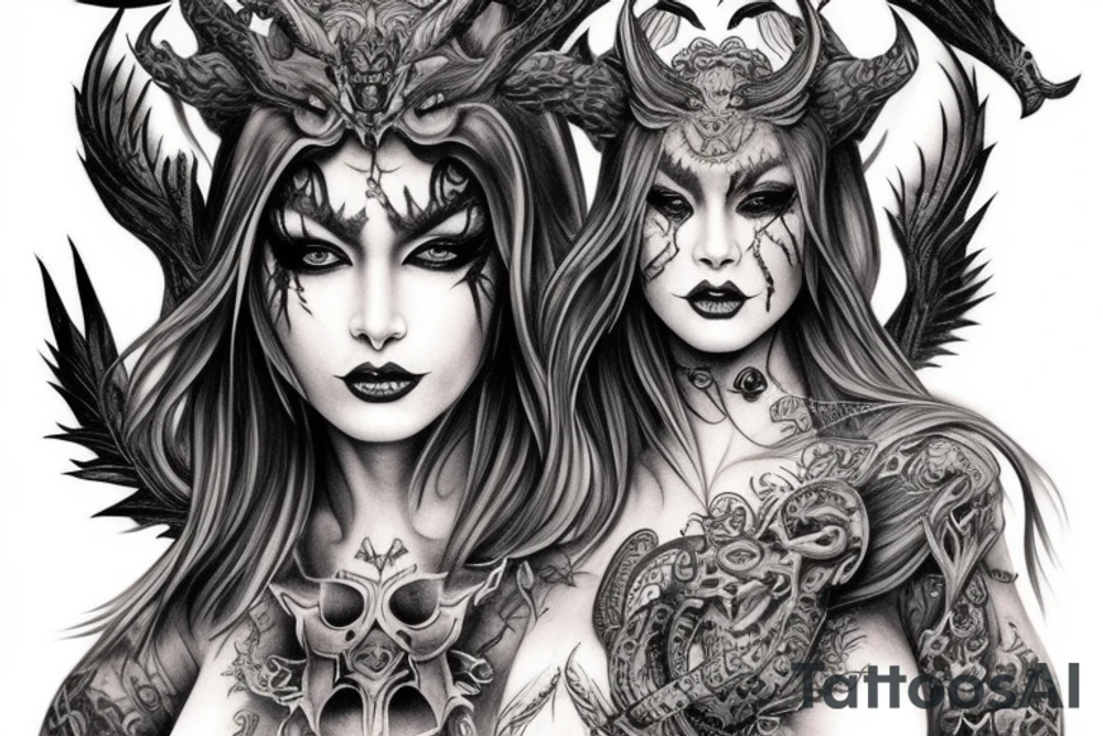 Smokey Pagan Runic Elaborate Intricate Comprehensive Demon woman gorgeous beautiful fierce Feral tattoo idea