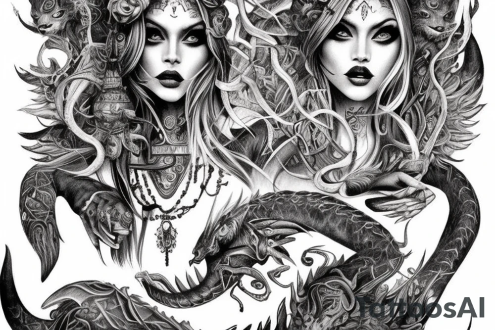 Smokey Pagan Runic Elaborate Intricate Comprehensive Demon woman gorgeous beautiful fierce Feral tattoo idea