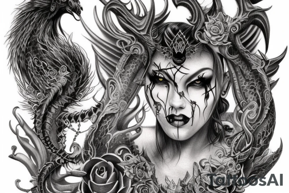 Smokey Pagan Runic Elaborate Intricate Comprehensive Demon woman gorgeous beautiful fierce Feral tattoo idea
