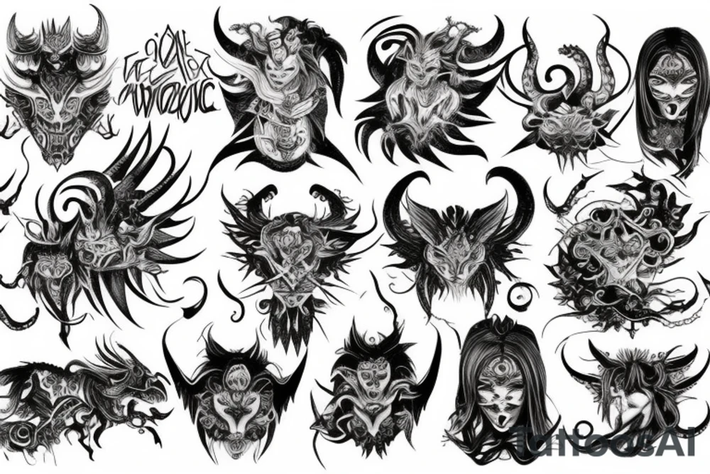 Oriental
Runic Elaborate Intricate Comprehensive Demon woman gorgeous beautiful Feral Chaos tattoo idea