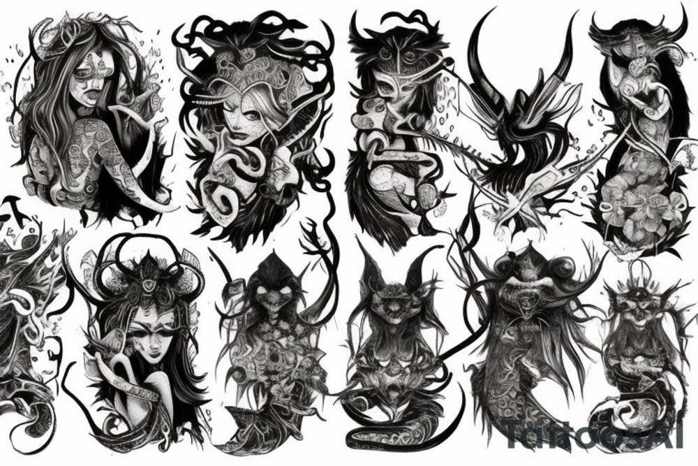 Oriental
Runic Elaborate Intricate Comprehensive Demon woman gorgeous beautiful Feral Chaos tattoo idea