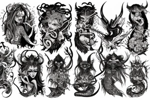 Oriental 
Runic Elaborate Intricate Comprehensive Demon woman gorgeous beautiful Feral Chaos tattoo idea