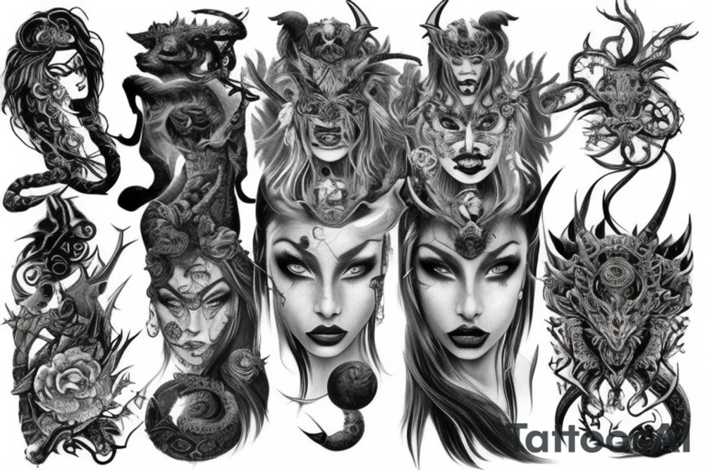 Smokey Pagan Runic Elaborate Intricate Comprehensive Demon woman gorgeous beautiful fierce Feral tattoo idea