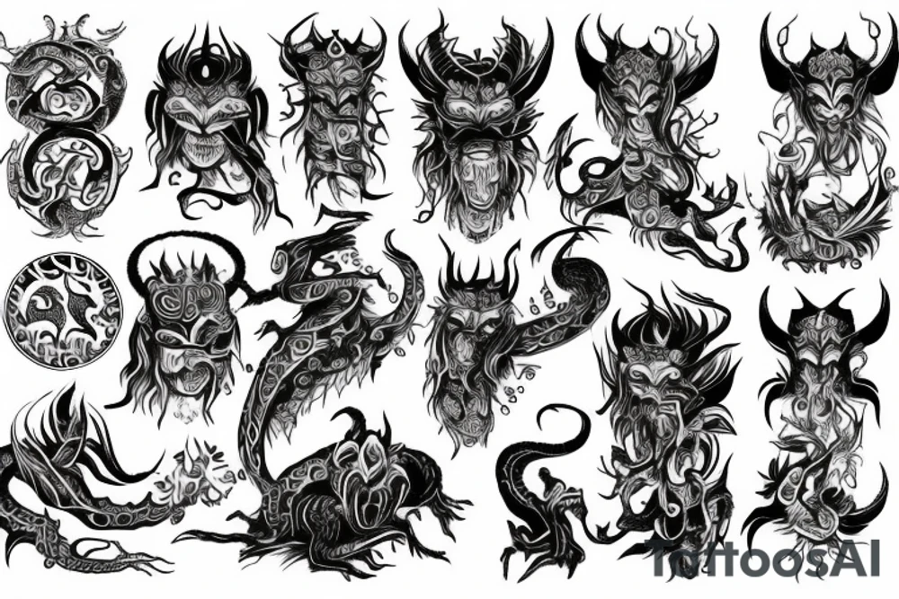 Oriental
Runic Elaborate Intricate Comprehensive Demon woman gorgeous beautiful Feral Chaos tattoo idea