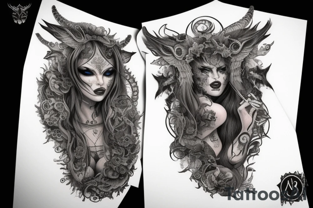 Smokey Pagan Runic Elaborate Intricate Comprehensive Demon woman gorgeous beautiful fierce Feral tattoo idea