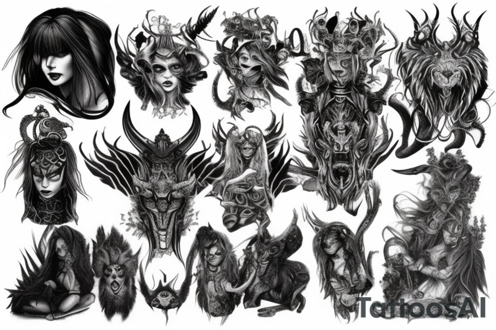 Smokey Pagan Runic Elaborate Intricate Comprehensive Demon woman gorgeous beautiful fierce Feral tattoo idea